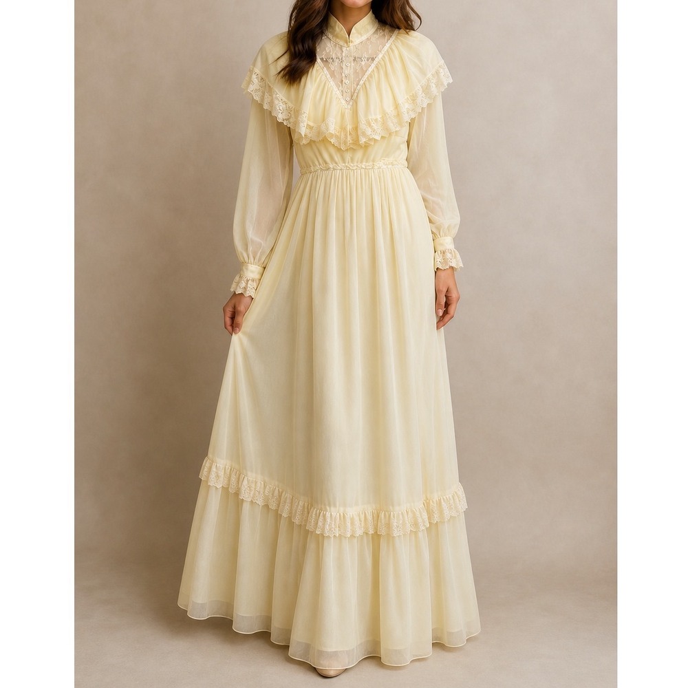 Vintage‎ Yellow Maxi Dress Lace Prairie Victorian cottagecore union made 9/10 n2